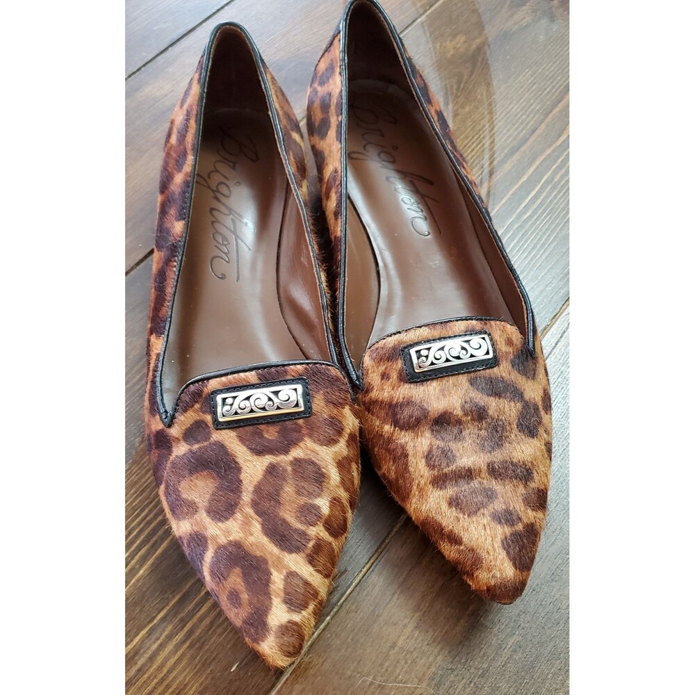 Brighton Flats Sz 8.5 Shoes Eve Leopard Print Calf Hair Leather Loafers Pointed